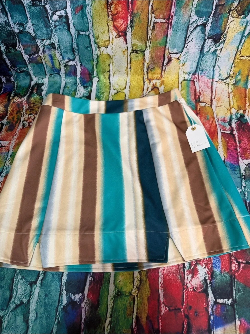 Striped Mini Skirt with Teal & Brown Panels